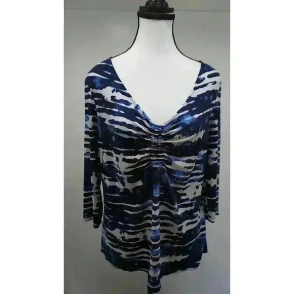 Laura Ashley Ruched Front Blue & White Tie-Dye Print Top; Sz L - See Measurement - Picture 1 of 12